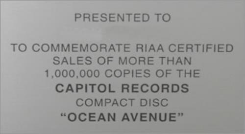 Yellowcard Ocean Avenue award disc US YE1AWOC479630