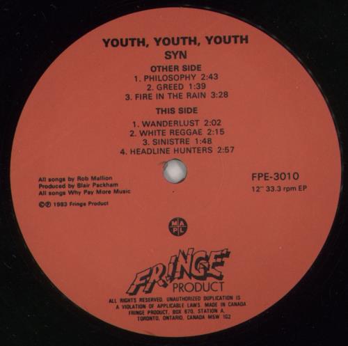 Youth Youth Youth Sin 12" vinyl single (12 inch record / Maxi-single) Canadian 9SZ12SI867597