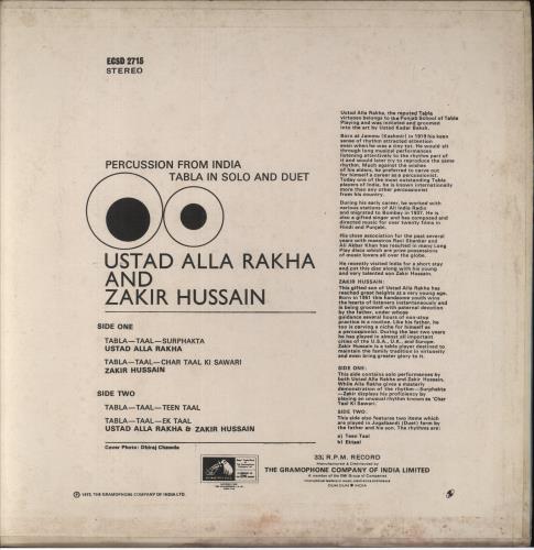 Zakir Hussain Percussion From India, Tabla In Solo And Duet vinyl LP album (LP record) Indian ZANLPPE852590