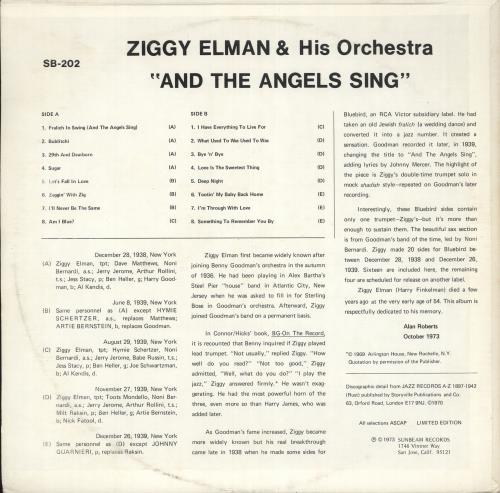 Ziggy Elman And The Angels Sing 1938-39 vinyl LP album (LP record) US ZIHLPAN726250