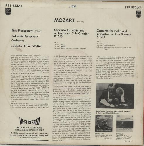 Zino Francescatti Mozart: Violin Concerto No. 3 in G Major K. 216 / Violin Concerto No. 4 in D Major K. 218 vinyl LP album (LP record) UK ZI2LPMO674689