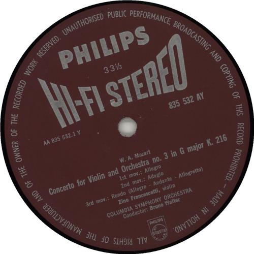 Zino Francescatti Mozart: Violin Concerto No. 3 in G Major K. 216 / Violin Concerto No. 4 in D Major K. 218 vinyl LP album (LP record) UK ZI2LPMO674689