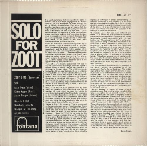 Zoot Sims Solo For Zoot vinyl LP album (LP record) UK ZA1LPSO668735