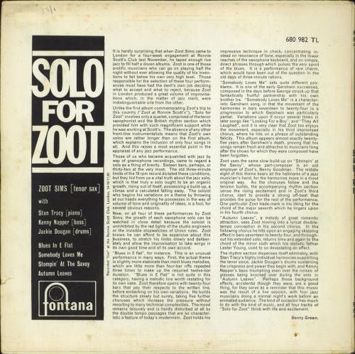 Zoot Sims Solo For Zoot vinyl LP album (LP record) UK ZA1LPSO717527